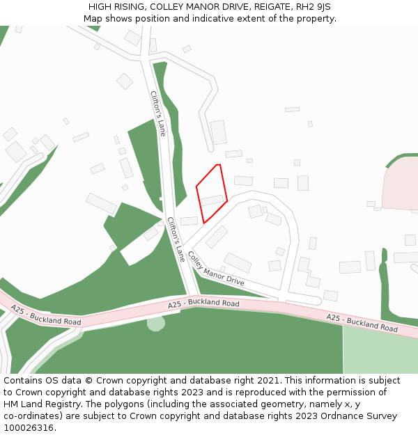 HIGH RISING, COLLEY MANOR DRIVE, REIGATE, RH2 9JS: Location map and indicative extent of plot