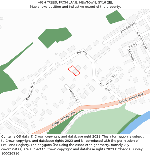 HIGH TREES, FRON LANE, NEWTOWN, SY16 2EL: Location map and indicative extent of plot