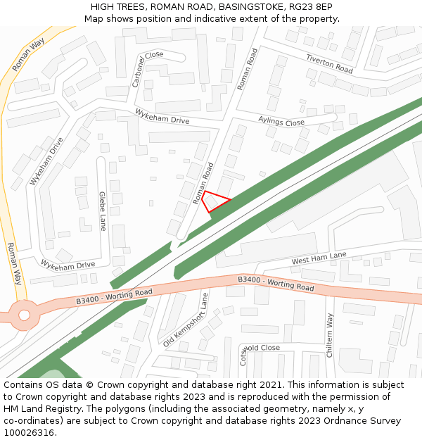 HIGH TREES, ROMAN ROAD, BASINGSTOKE, RG23 8EP: Location map and indicative extent of plot