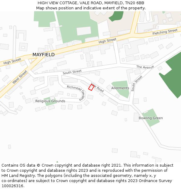 HIGH VIEW COTTAGE, VALE ROAD, MAYFIELD, TN20 6BB: Location map and indicative extent of plot