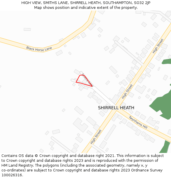 HIGH VIEW, SMITHS LANE, SHIRRELL HEATH, SOUTHAMPTON, SO32 2JP: Location map and indicative extent of plot