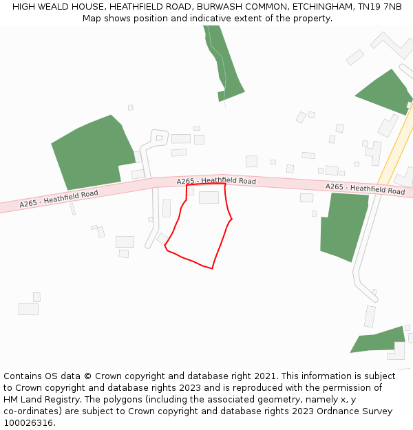 HIGH WEALD HOUSE, HEATHFIELD ROAD, BURWASH COMMON, ETCHINGHAM, TN19 7NB: Location map and indicative extent of plot