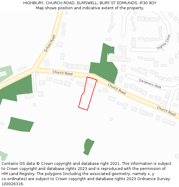 HIGHBURY, CHURCH ROAD, ELMSWELL, BURY ST EDMUNDS, IP30 9DY: Location map and indicative extent of plot