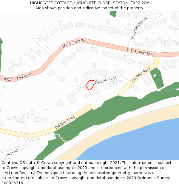 HIGHCLYFFE COTTAGE, HIGHCLIFFE CLOSE, SEATON, EX12 2QA: Location map and indicative extent of plot