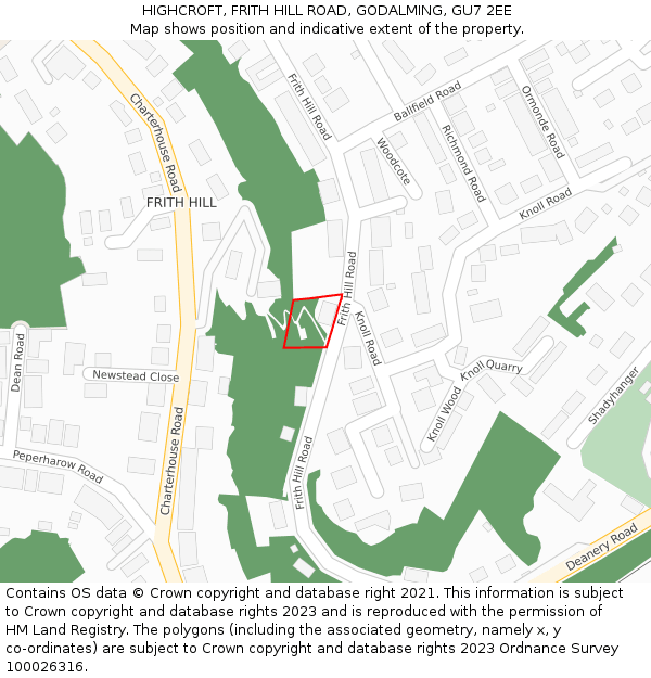HIGHCROFT, FRITH HILL ROAD, GODALMING, GU7 2EE: Location map and indicative extent of plot