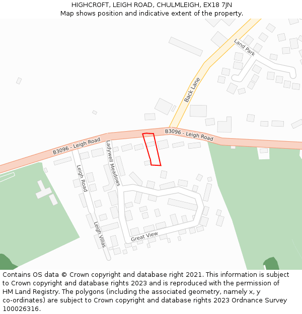 HIGHCROFT, LEIGH ROAD, CHULMLEIGH, EX18 7JN: Location map and indicative extent of plot