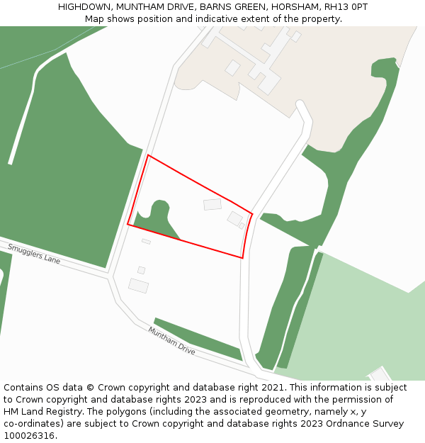 HIGHDOWN, MUNTHAM DRIVE, BARNS GREEN, HORSHAM, RH13 0PT: Location map and indicative extent of plot