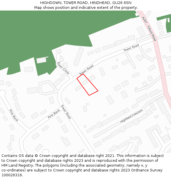 HIGHDOWN, TOWER ROAD, HINDHEAD, GU26 6SN: Location map and indicative extent of plot
