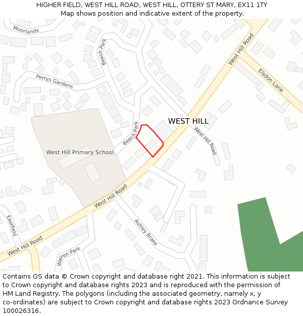HIGHER FIELD, WEST HILL ROAD, WEST HILL, OTTERY ST MARY, EX11 1TY: Location map and indicative extent of plot