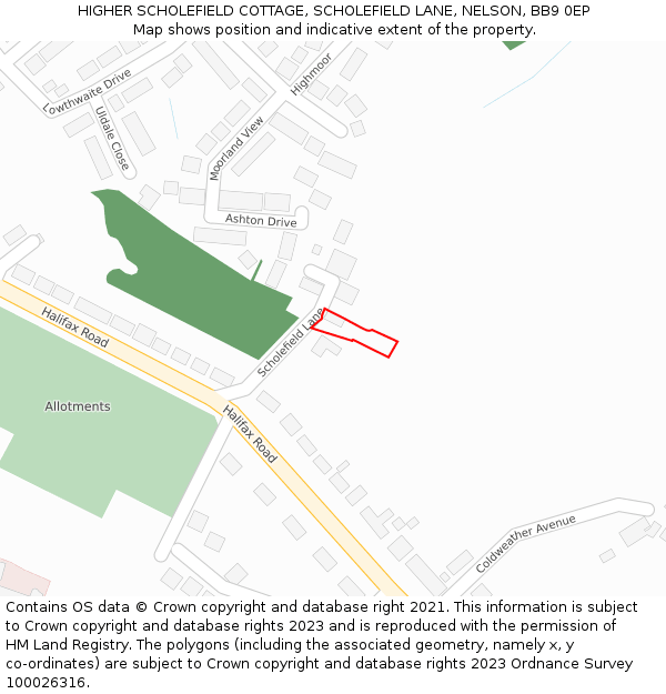 HIGHER SCHOLEFIELD COTTAGE, SCHOLEFIELD LANE, NELSON, BB9 0EP: Location map and indicative extent of plot