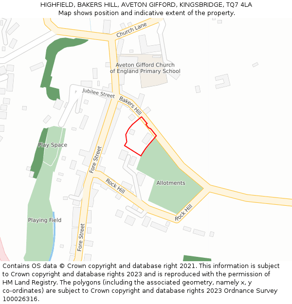 HIGHFIELD, BAKERS HILL, AVETON GIFFORD, KINGSBRIDGE, TQ7 4LA: Location map and indicative extent of plot