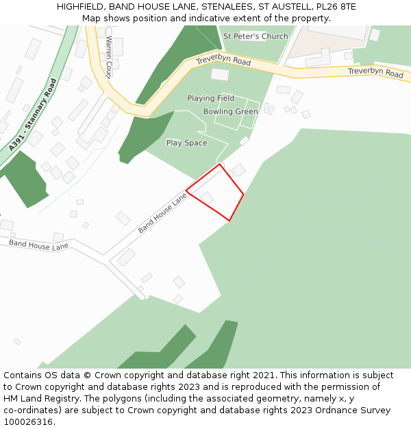 HIGHFIELD, BAND HOUSE LANE, STENALEES, ST AUSTELL, PL26 8TE: Location map and indicative extent of plot