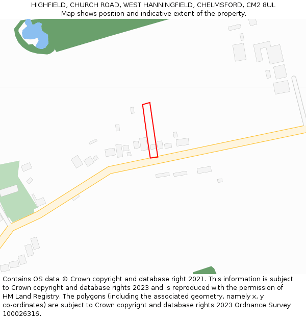 HIGHFIELD, CHURCH ROAD, WEST HANNINGFIELD, CHELMSFORD, CM2 8UL: Location map and indicative extent of plot