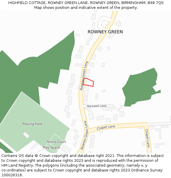 HIGHFIELD COTTAGE, ROWNEY GREEN LANE, ROWNEY GREEN, BIRMINGHAM, B48 7QS: Location map and indicative extent of plot