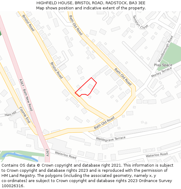 HIGHFIELD HOUSE, BRISTOL ROAD, RADSTOCK, BA3 3EE: Location map and indicative extent of plot