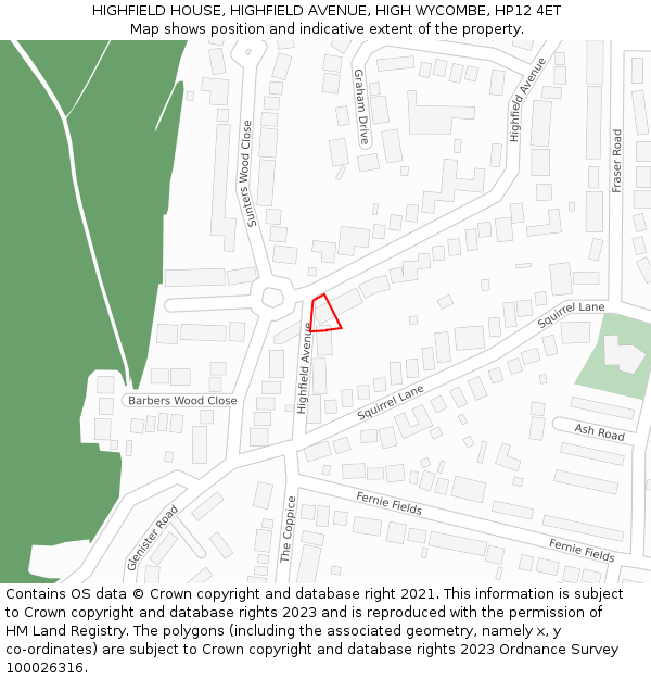 HIGHFIELD HOUSE, HIGHFIELD AVENUE, HIGH WYCOMBE, HP12 4ET: Location map and indicative extent of plot