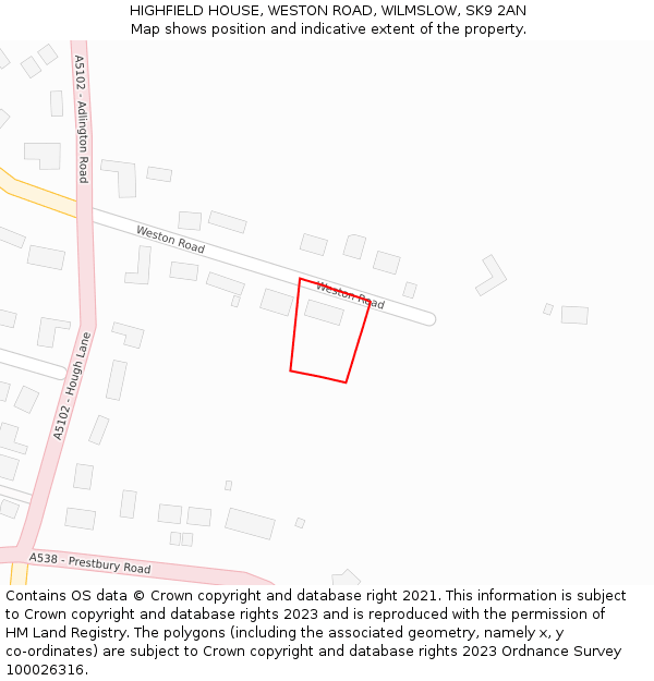 HIGHFIELD HOUSE, WESTON ROAD, WILMSLOW, SK9 2AN: Location map and indicative extent of plot