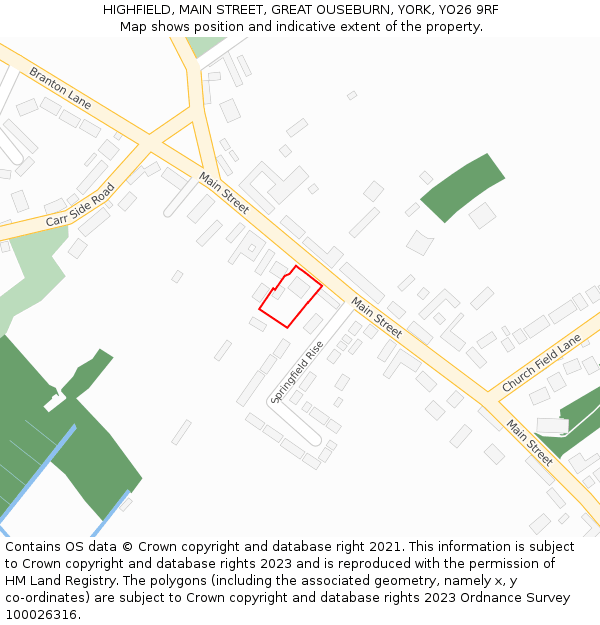 HIGHFIELD, MAIN STREET, GREAT OUSEBURN, YORK, YO26 9RF: Location map and indicative extent of plot