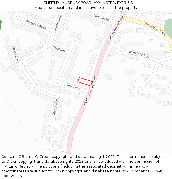 HIGHFIELD, MUSBURY ROAD, AXMINSTER, EX13 5JS: Location map and indicative extent of plot