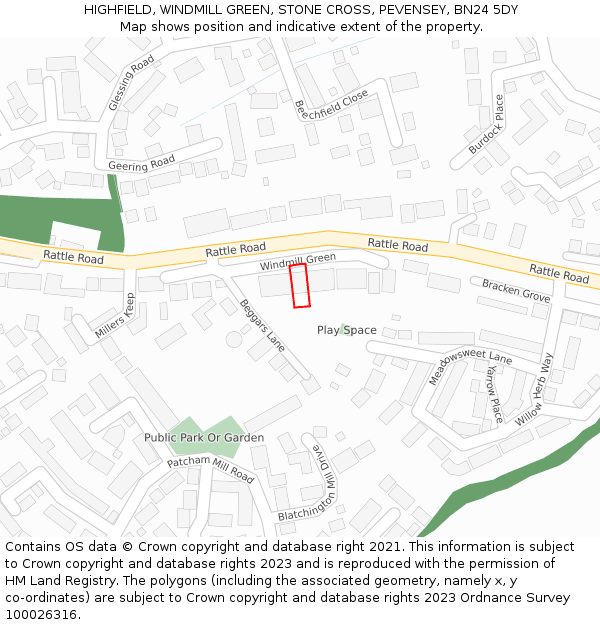 HIGHFIELD, WINDMILL GREEN, STONE CROSS, PEVENSEY, BN24 5DY: Location map and indicative extent of plot