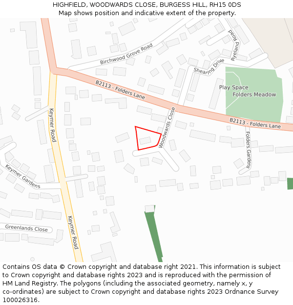 HIGHFIELD, WOODWARDS CLOSE, BURGESS HILL, RH15 0DS: Location map and indicative extent of plot