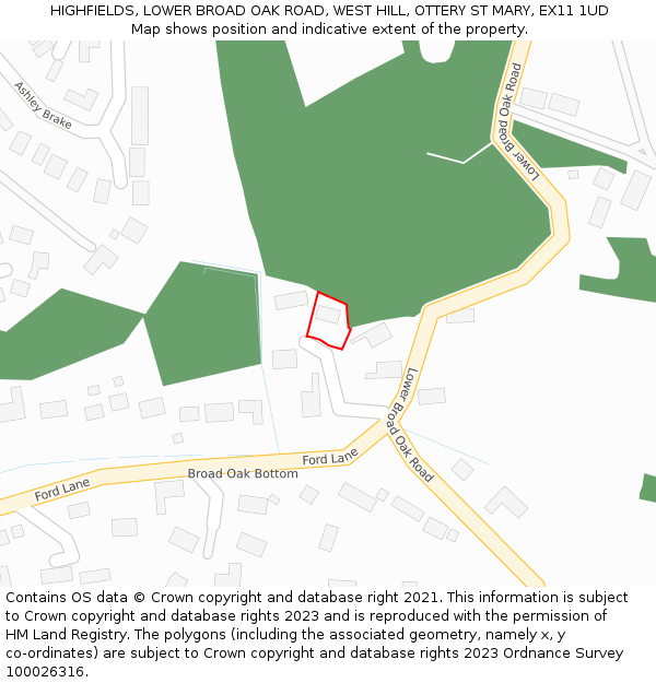 HIGHFIELDS, LOWER BROAD OAK ROAD, WEST HILL, OTTERY ST MARY, EX11 1UD: Location map and indicative extent of plot
