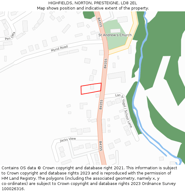 HIGHFIELDS, NORTON, PRESTEIGNE, LD8 2EL: Location map and indicative extent of plot