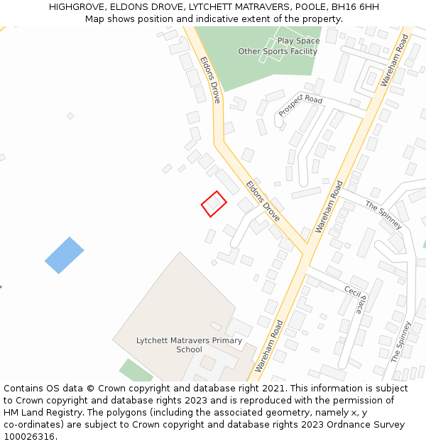 HIGHGROVE, ELDONS DROVE, LYTCHETT MATRAVERS, POOLE, BH16 6HH: Location map and indicative extent of plot