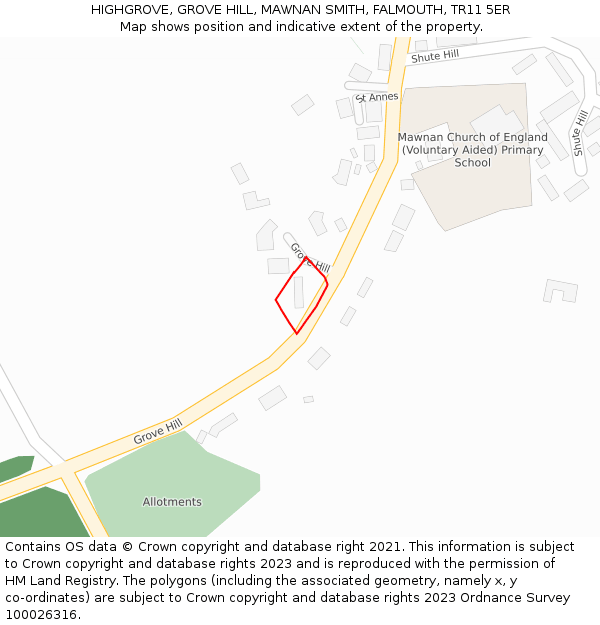 HIGHGROVE, GROVE HILL, MAWNAN SMITH, FALMOUTH, TR11 5ER: Location map and indicative extent of plot