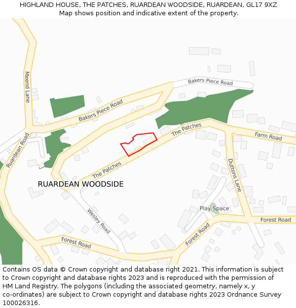 HIGHLAND HOUSE, THE PATCHES, RUARDEAN WOODSIDE, RUARDEAN, GL17 9XZ: Location map and indicative extent of plot