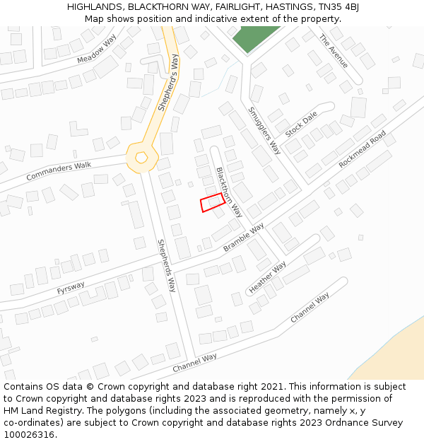 HIGHLANDS, BLACKTHORN WAY, FAIRLIGHT, HASTINGS, TN35 4BJ: Location map and indicative extent of plot