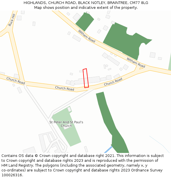 HIGHLANDS, CHURCH ROAD, BLACK NOTLEY, BRAINTREE, CM77 8LG: Location map and indicative extent of plot