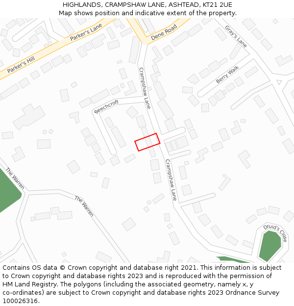 HIGHLANDS, CRAMPSHAW LANE, ASHTEAD, KT21 2UE: Location map and indicative extent of plot