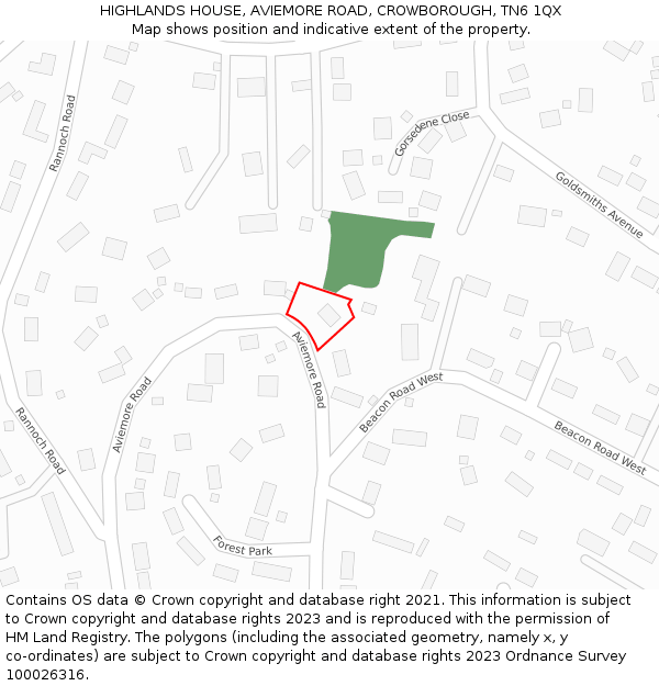HIGHLANDS HOUSE, AVIEMORE ROAD, CROWBOROUGH, TN6 1QX: Location map and indicative extent of plot