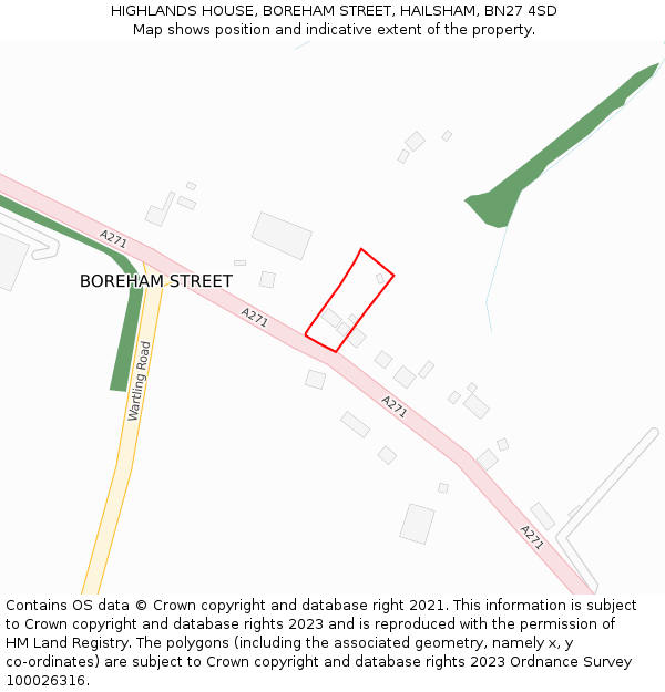 HIGHLANDS HOUSE, BOREHAM STREET, HAILSHAM, BN27 4SD: Location map and indicative extent of plot