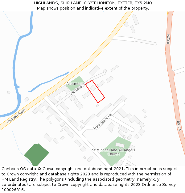 HIGHLANDS, SHIP LANE, CLYST HONITON, EXETER, EX5 2NQ: Location map and indicative extent of plot