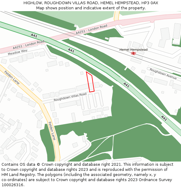 HIGHLOW, ROUGHDOWN VILLAS ROAD, HEMEL HEMPSTEAD, HP3 0AX: Location map and indicative extent of plot