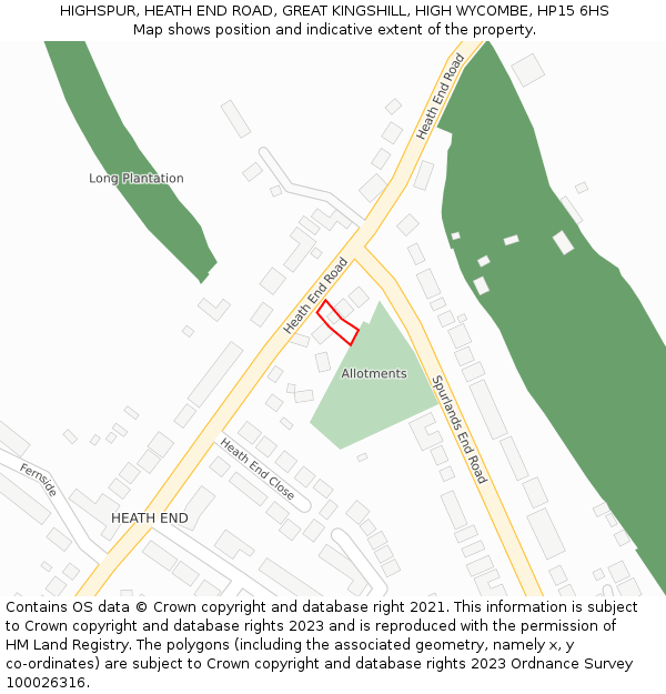 HIGHSPUR, HEATH END ROAD, GREAT KINGSHILL, HIGH WYCOMBE, HP15 6HS: Location map and indicative extent of plot