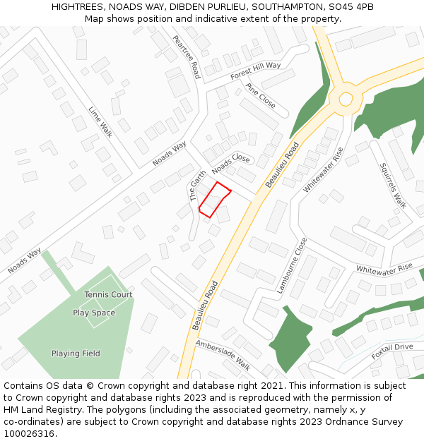 HIGHTREES, NOADS WAY, DIBDEN PURLIEU, SOUTHAMPTON, SO45 4PB: Location map and indicative extent of plot