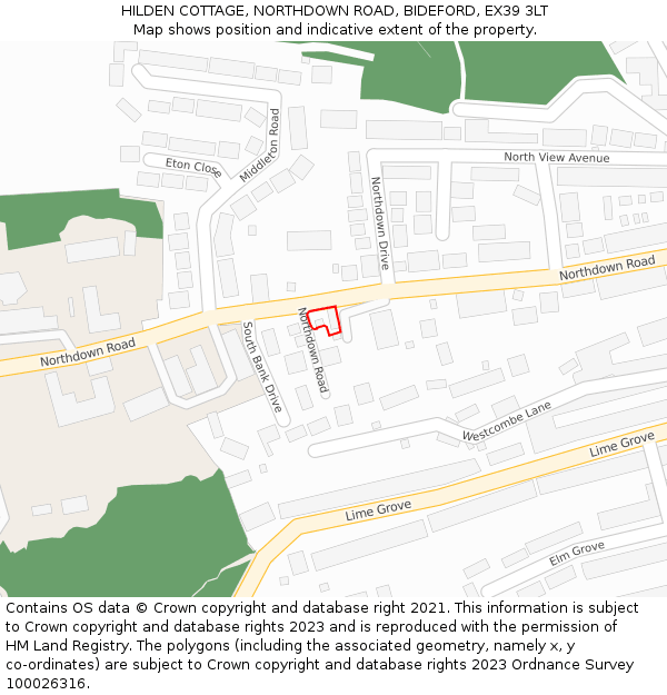 HILDEN COTTAGE, NORTHDOWN ROAD, BIDEFORD, EX39 3LT: Location map and indicative extent of plot