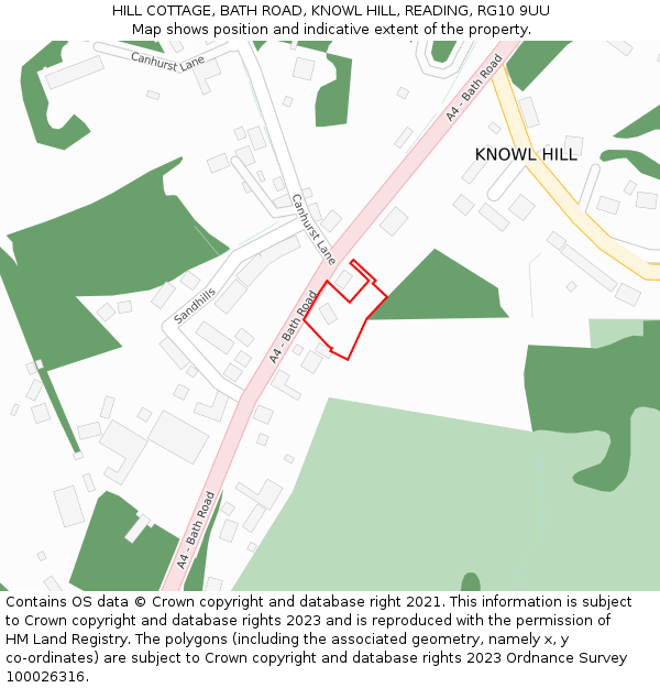 HILL COTTAGE, BATH ROAD, KNOWL HILL, READING, RG10 9UU: Location map and indicative extent of plot
