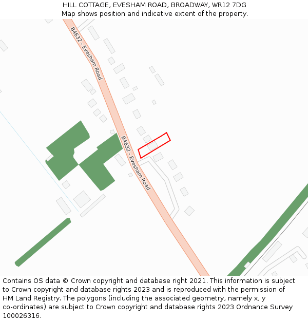 HILL COTTAGE, EVESHAM ROAD, BROADWAY, WR12 7DG: Location map and indicative extent of plot