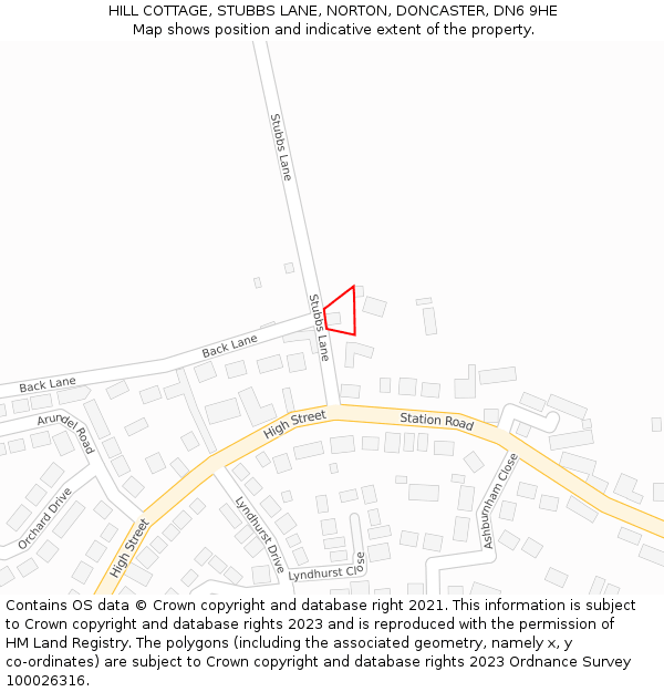 HILL COTTAGE, STUBBS LANE, NORTON, DONCASTER, DN6 9HE: Location map and indicative extent of plot