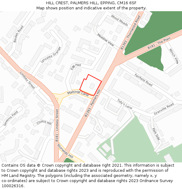 HILL CREST, PALMERS HILL, EPPING, CM16 6SF: Location map and indicative extent of plot