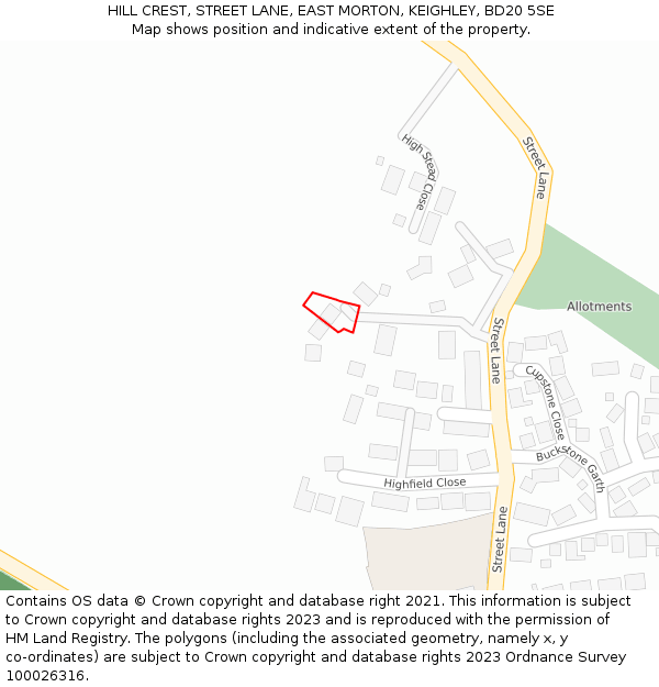 HILL CREST, STREET LANE, EAST MORTON, KEIGHLEY, BD20 5SE: Location map and indicative extent of plot
