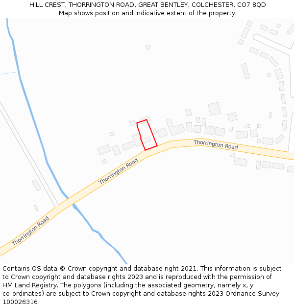 HILL CREST, THORRINGTON ROAD, GREAT BENTLEY, COLCHESTER, CO7 8QD: Location map and indicative extent of plot