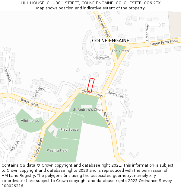 HILL HOUSE, CHURCH STREET, COLNE ENGAINE, COLCHESTER, CO6 2EX: Location map and indicative extent of plot