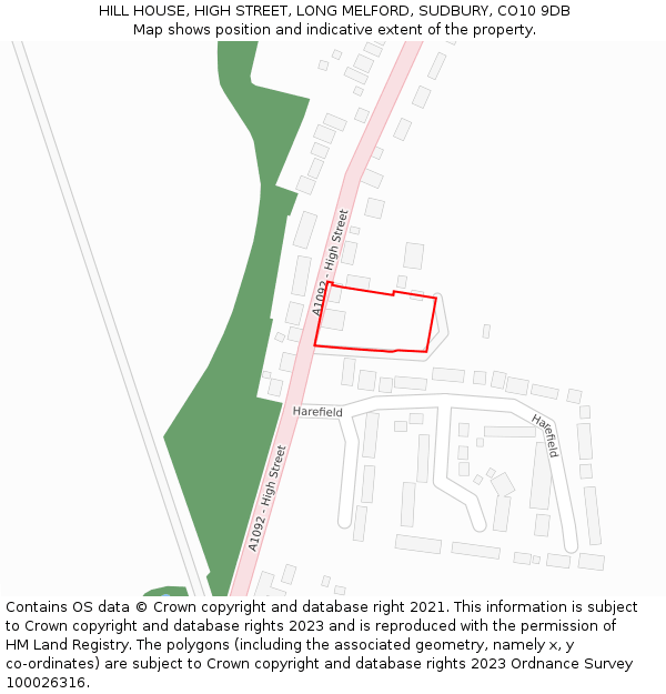 HILL HOUSE, HIGH STREET, LONG MELFORD, SUDBURY, CO10 9DB: Location map and indicative extent of plot