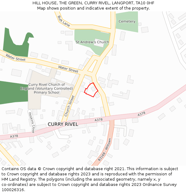HILL HOUSE, THE GREEN, CURRY RIVEL, LANGPORT, TA10 0HF: Location map and indicative extent of plot