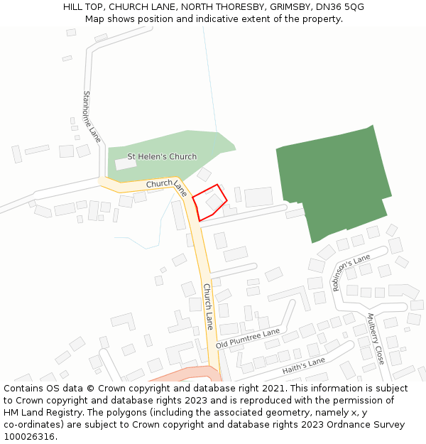 HILL TOP, CHURCH LANE, NORTH THORESBY, GRIMSBY, DN36 5QG: Location map and indicative extent of plot